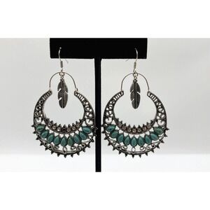 Silver Tone Earrings Chandelier Boho Hippie Gypsy Crystal Turquoise Feather